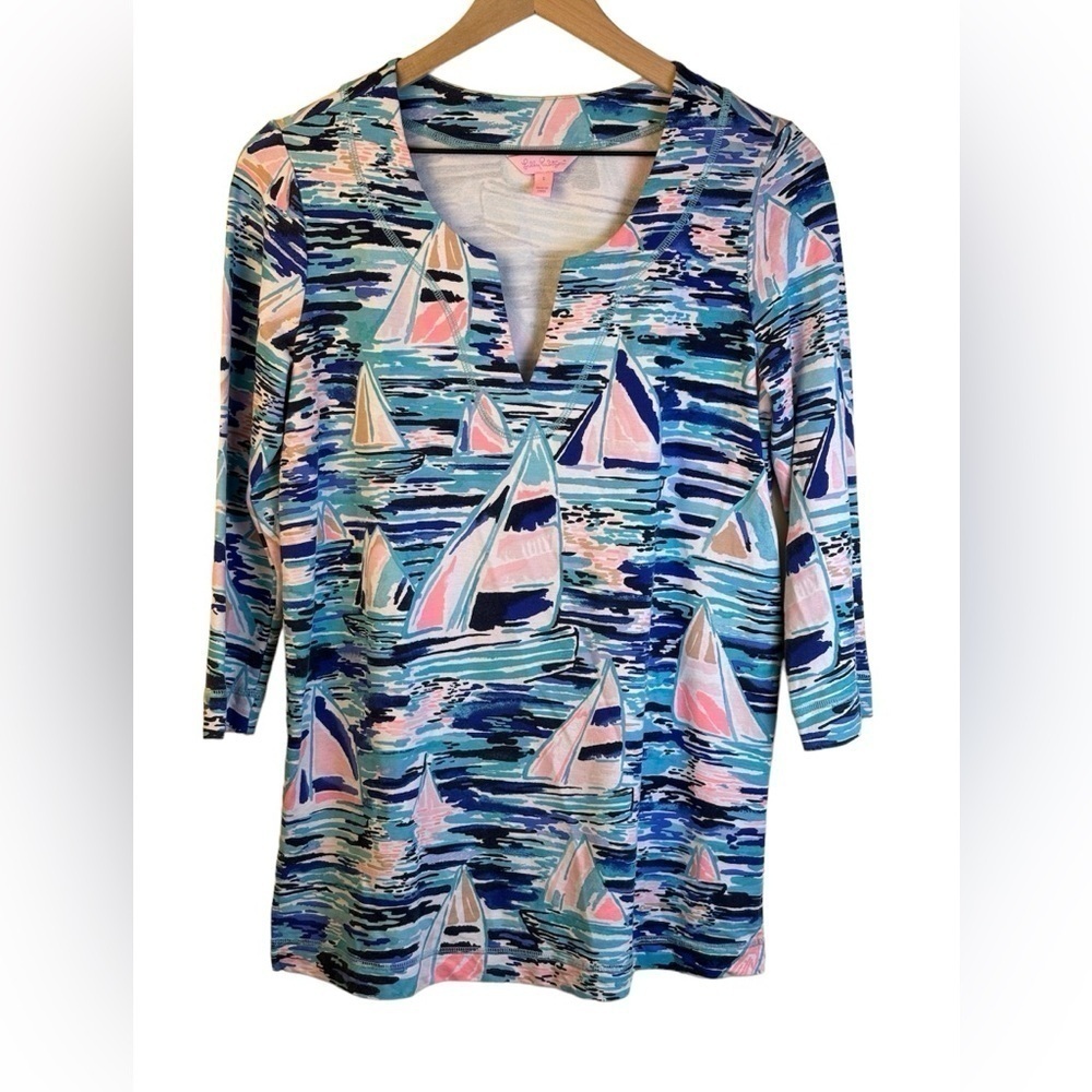 Lilly Pulitzer Justina Tunic Sailboat Nautical UPF 50+ 3/4 Sleeves Size Small